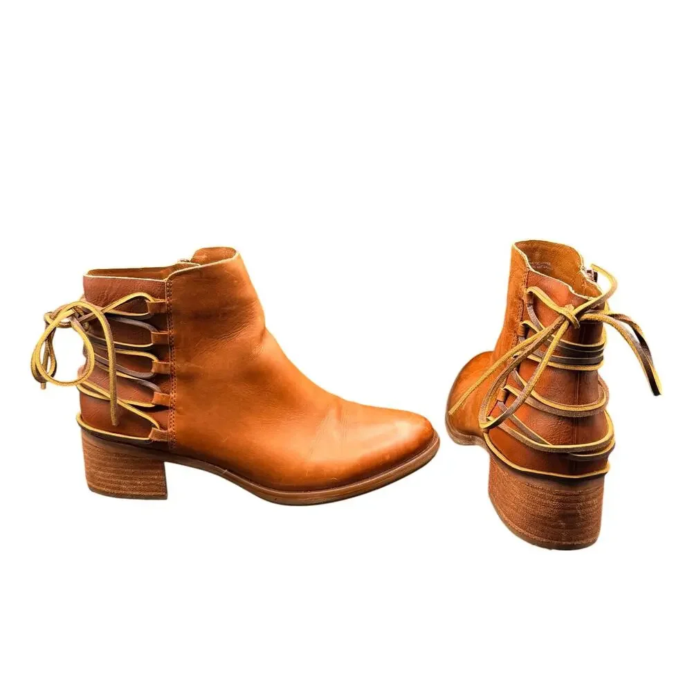 Korks Brown Leather Ankle Boots Lace Back Block Heel Size 8M